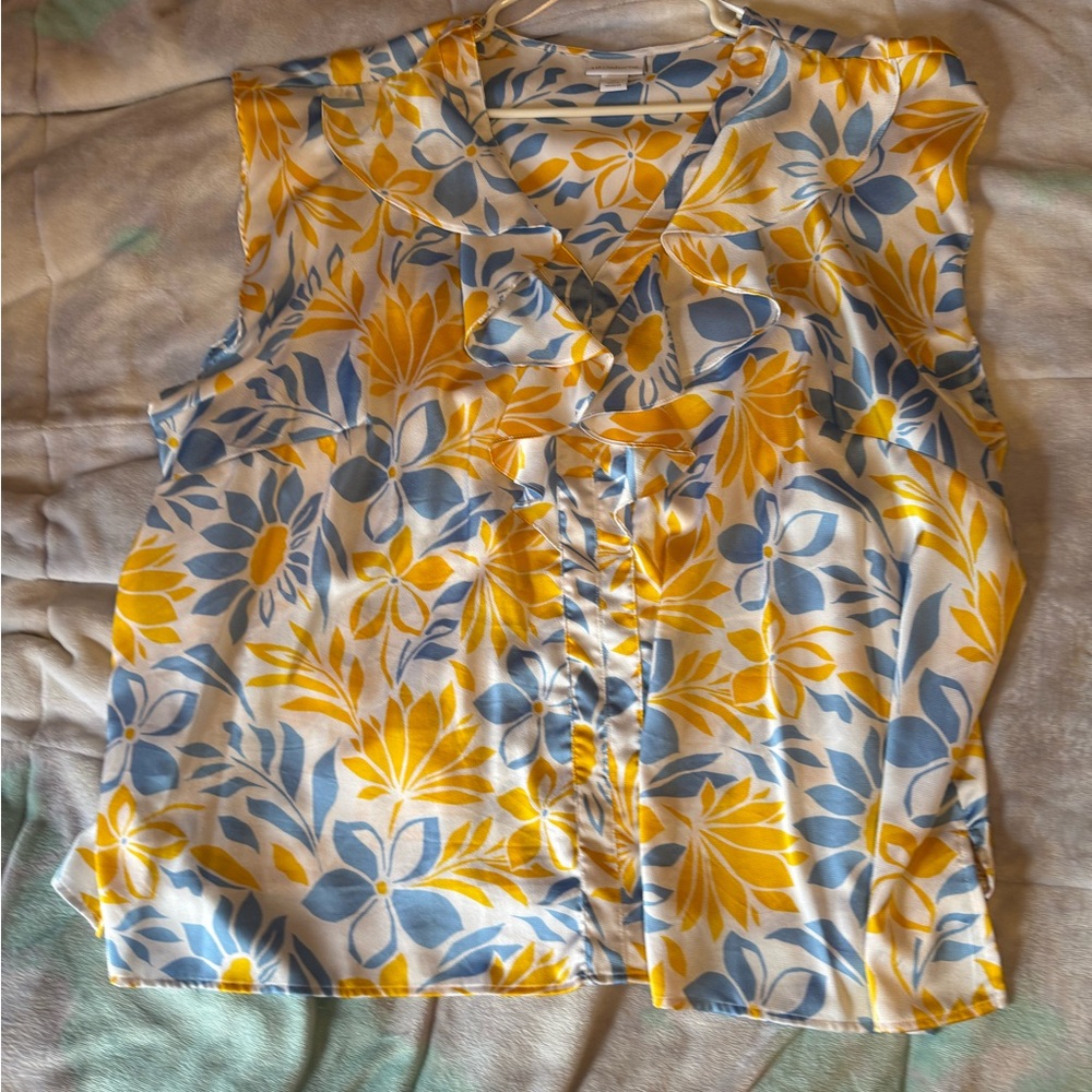 Liz Claiborne Yellow and Blue Floral Ruffle-Front Sleeveless Camisole